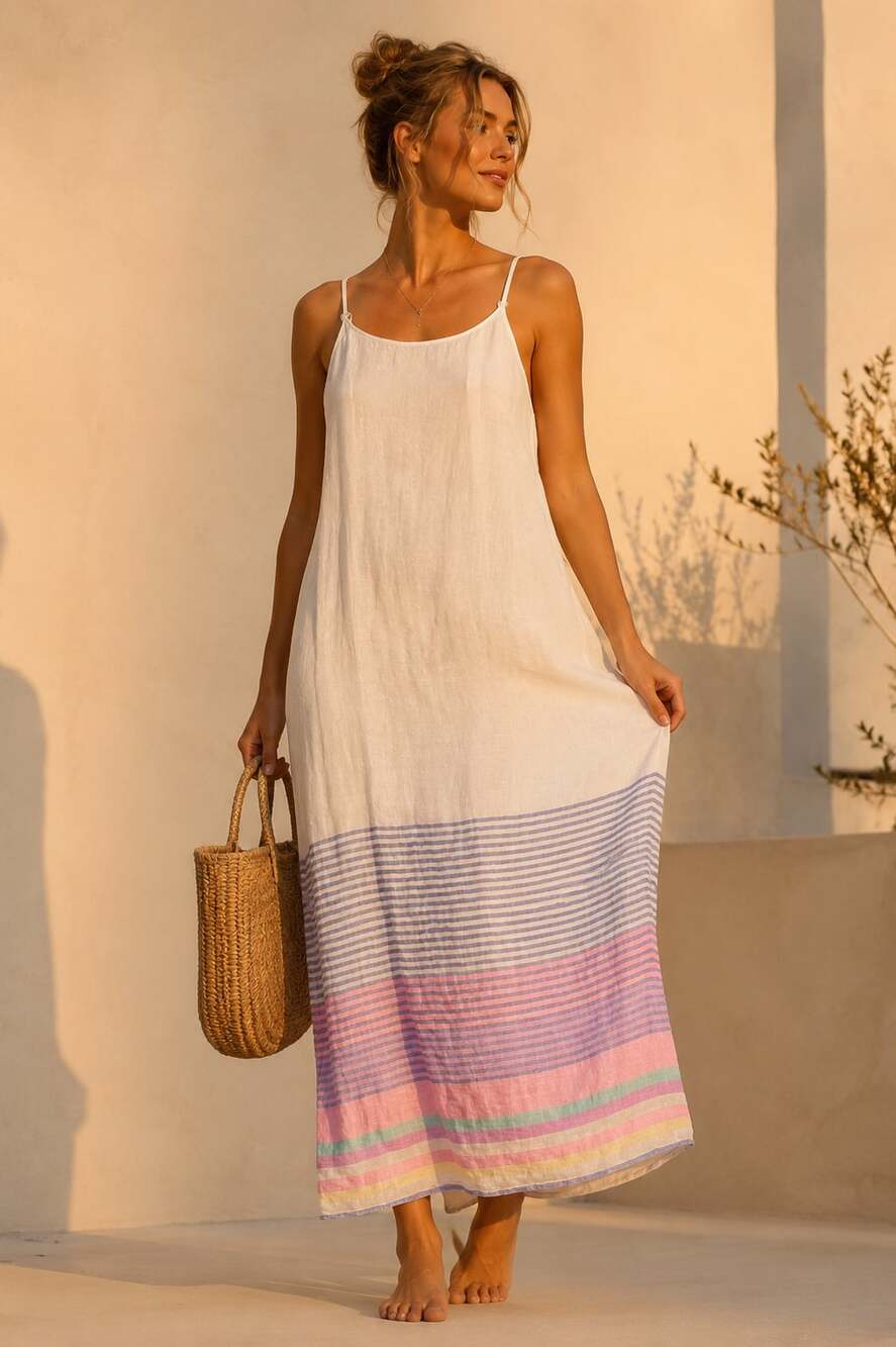 C&C California 100% Linen Striped Maxi Slip Dress Coastal Beachy Boho M